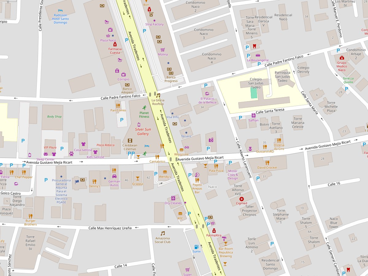 Mapa de la zona de Av. Tiradentes, en Naco, con la ubicación de Beauty Studio Naco